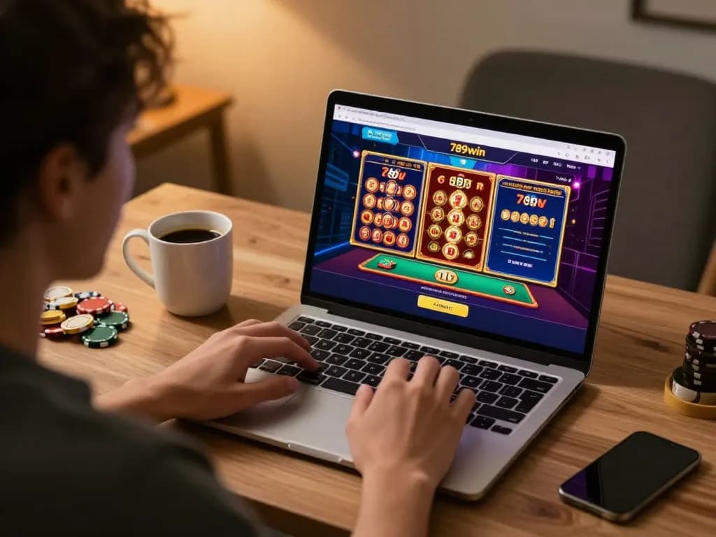 Engaging with online casino games at 789win, showcasing vibrant game interface on laptop.