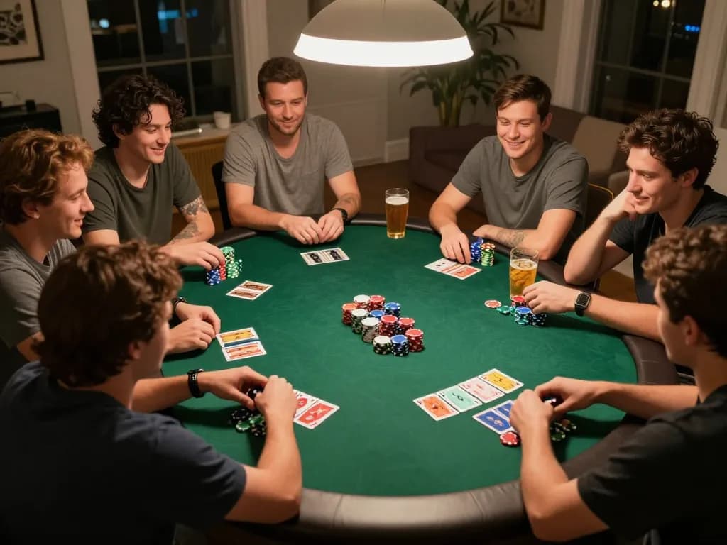 Friends enjoying a thrilling poker night at home, engaging in strategic gameplay at tr88 table.