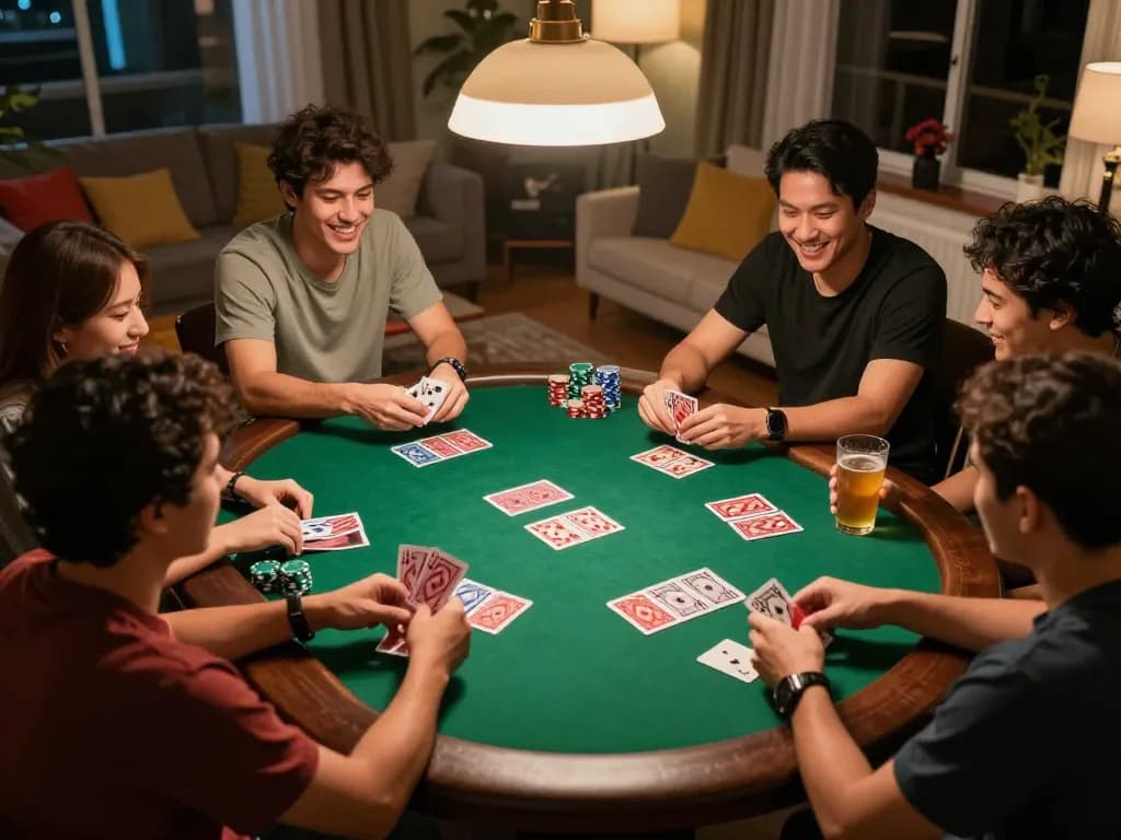 Friends enjoying a lively poker game at home, showcasing F8BET strategic gambling moments and camaraderie.