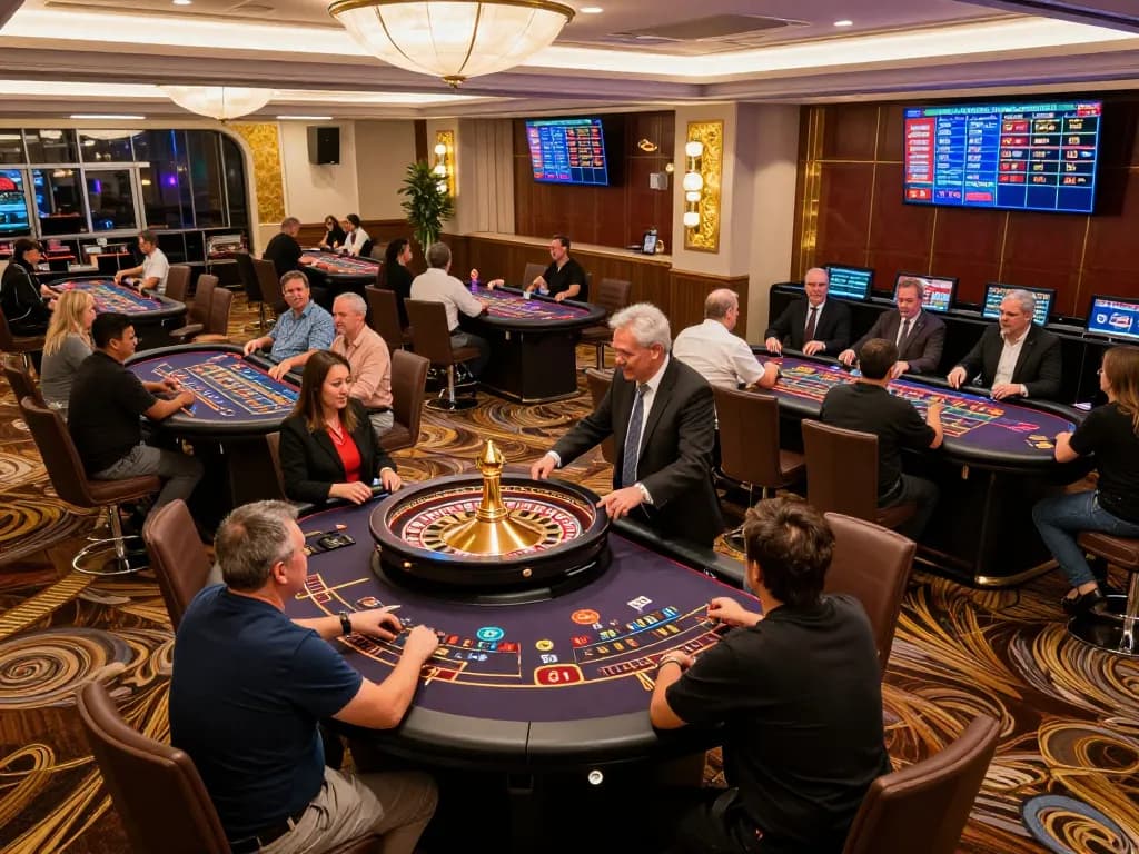Players enjoying a thrilling game of roulette at 789BET casino floor, cheering after a win with vibrant atmosphere.