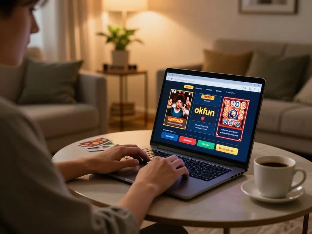 Engaging gaming experience at okfun on a laptop in a cozy living room setting.