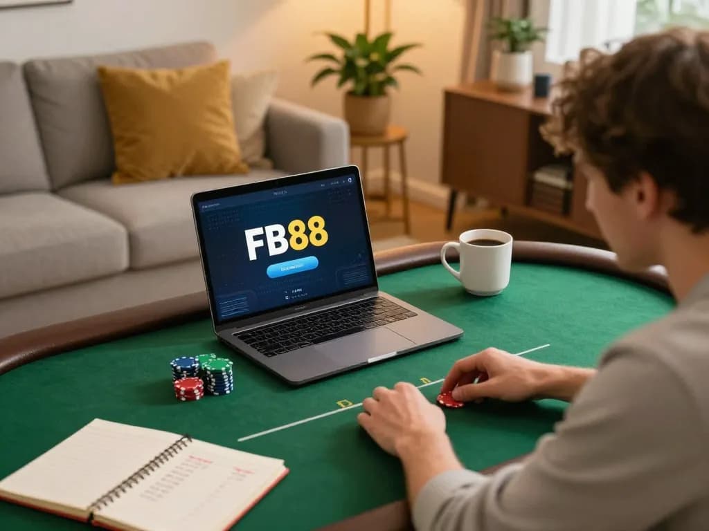 Using FB88 online poker app in a cozy home setting, emphasizing responsible gaming.