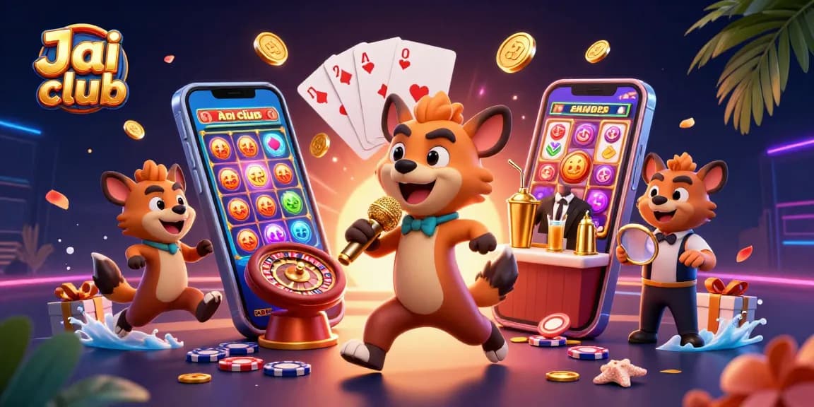 Engage in exciting games at Jai Club with lively hyena characters in a vibrant casino scene.