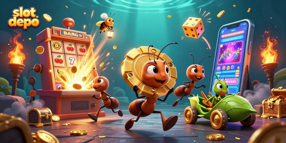 Permainan slot depo 5k dengan chip poker emas dan simbol slot berkilauan.