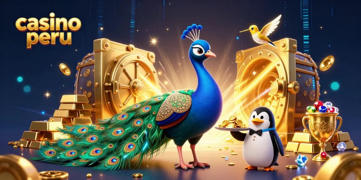 Descubre el emocionante mundo del casino peruano con un pavo real aristocrático y elementos de juego deslumbrantes.