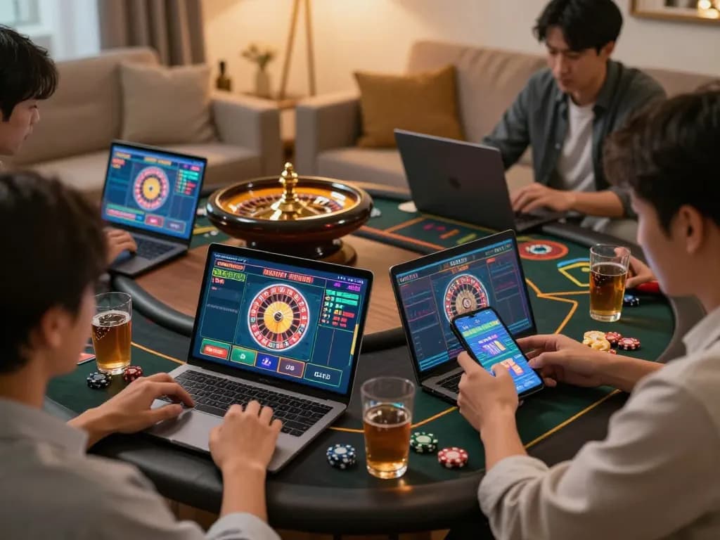 uk88 online gamblers engaged in an exciting roulette game with vibrant screens