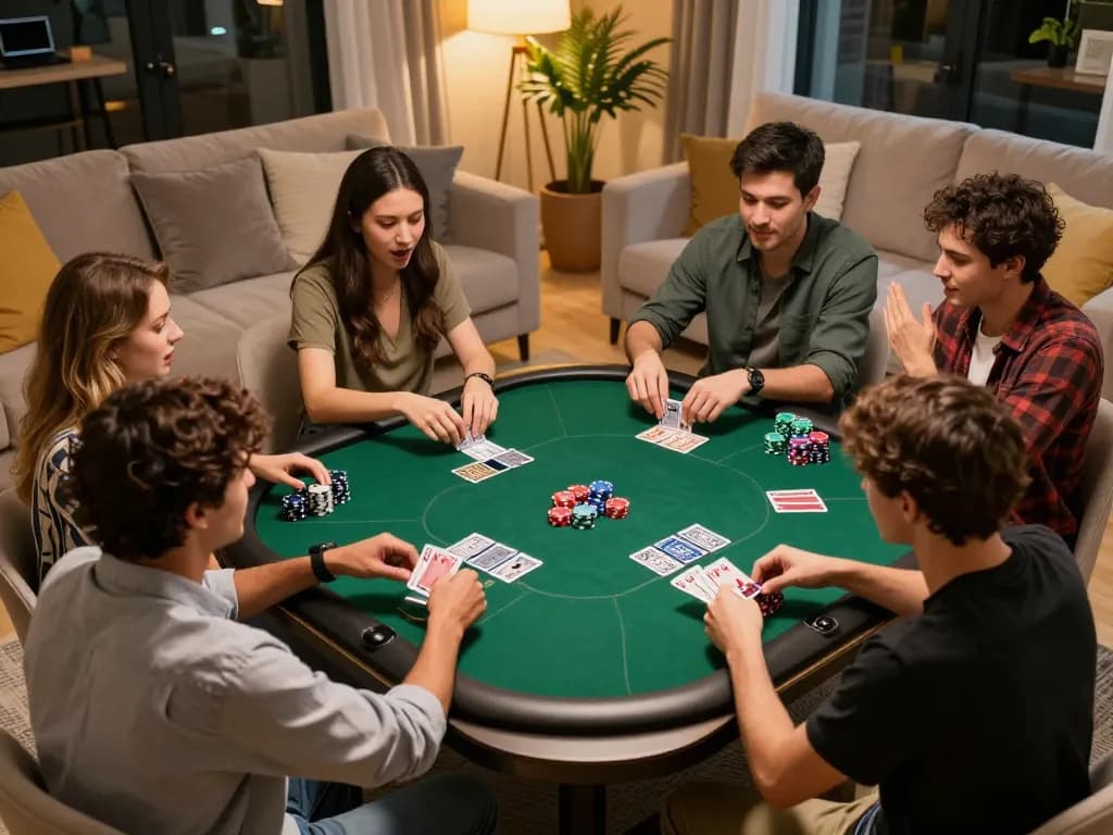 Friends enjoying a thrilling poker night at home with King33, interactive gameplay and colorful chips visible.