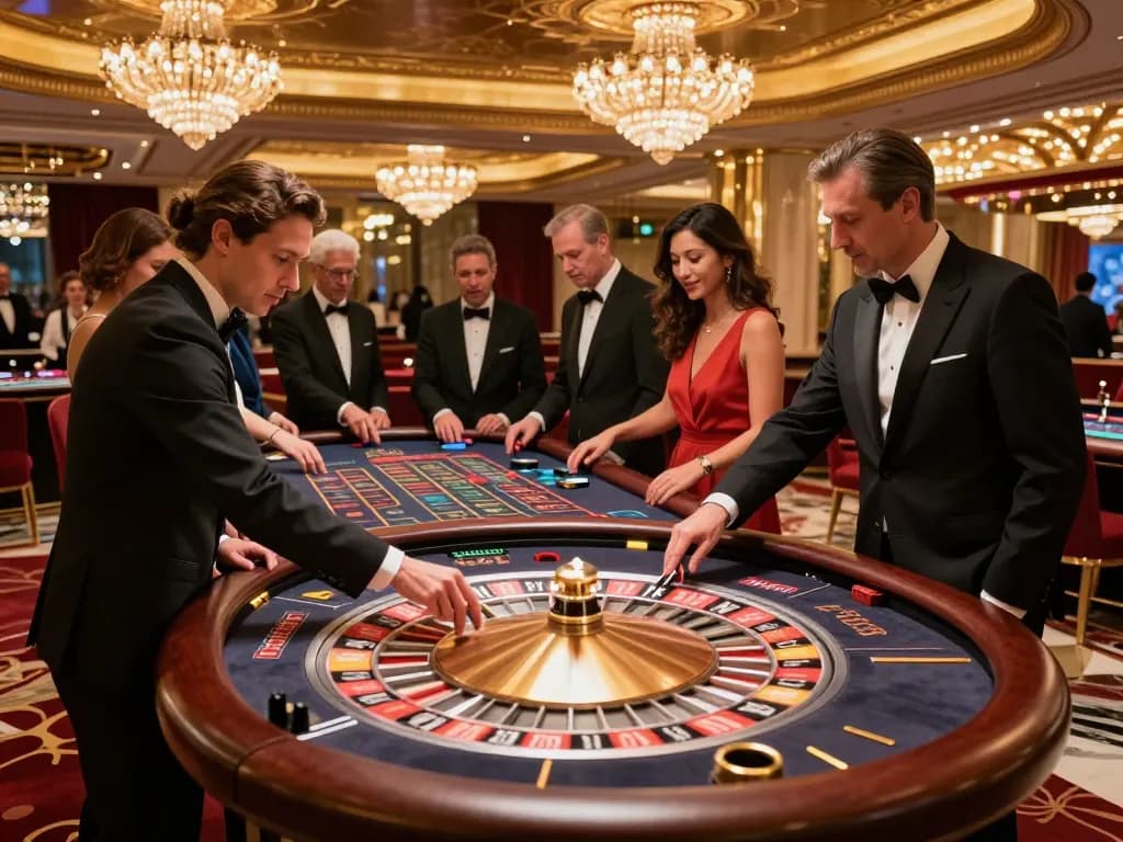 33win players eagerly engaging in a thrilling roulette game at an upscale casino