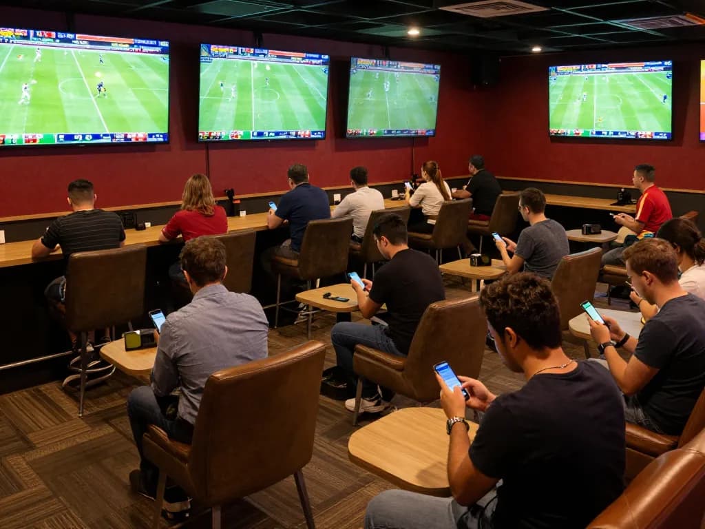 Betting frenzy at sports lounge with kèo nhà cái updates on screens, enthusiastic bettors engaged in smart wagering