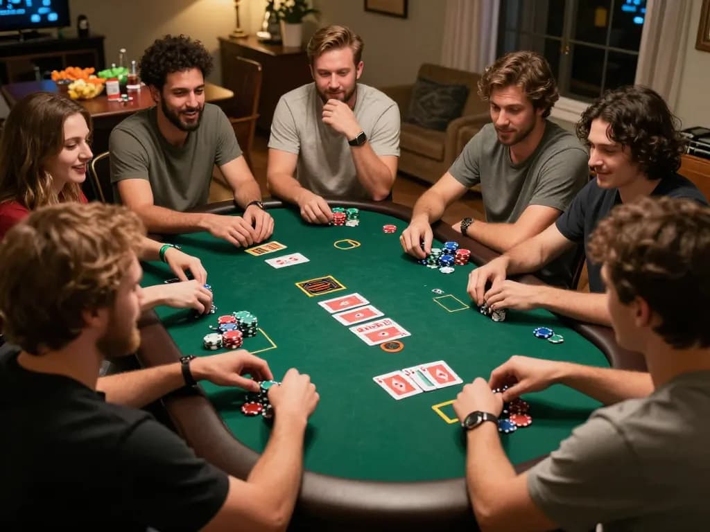 VIPWIN home poker night with friends playing Texas Hold'em, showing colorful chips and cards, lively atmosphere