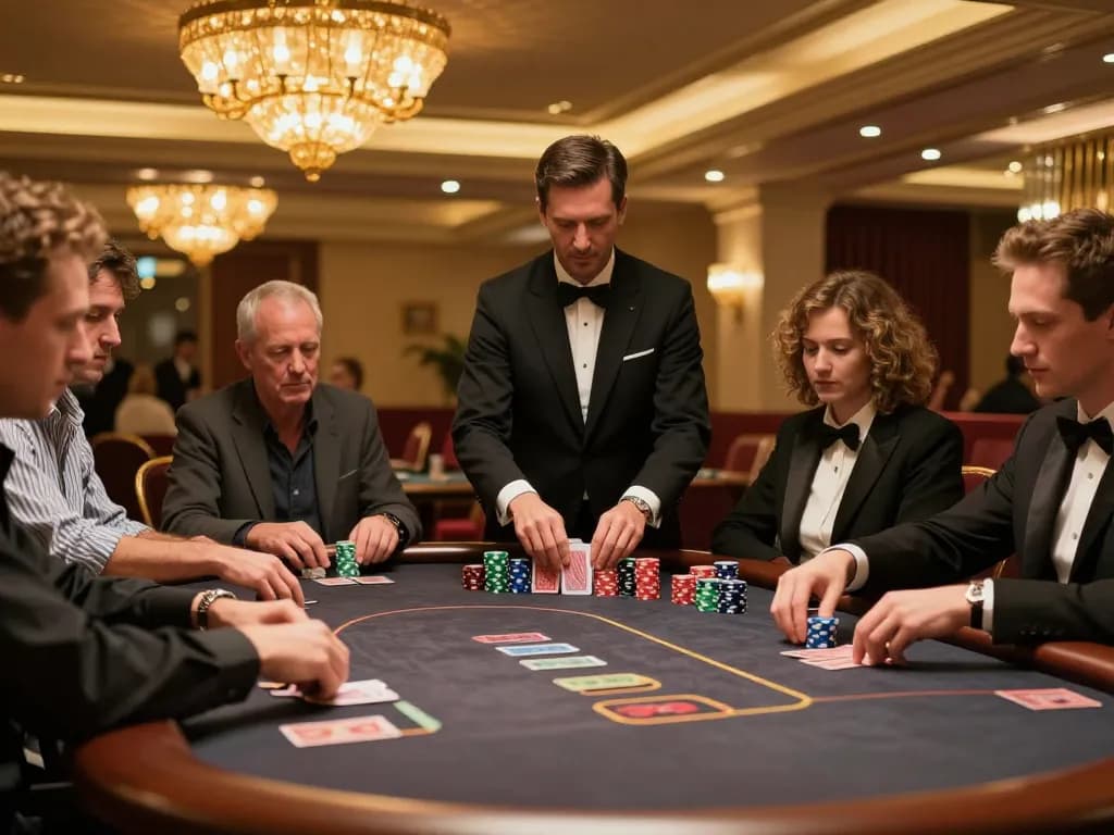 Players engage in thrilling poker at an upscale casino, highlighting okwin's luxurious gaming atmosphere.