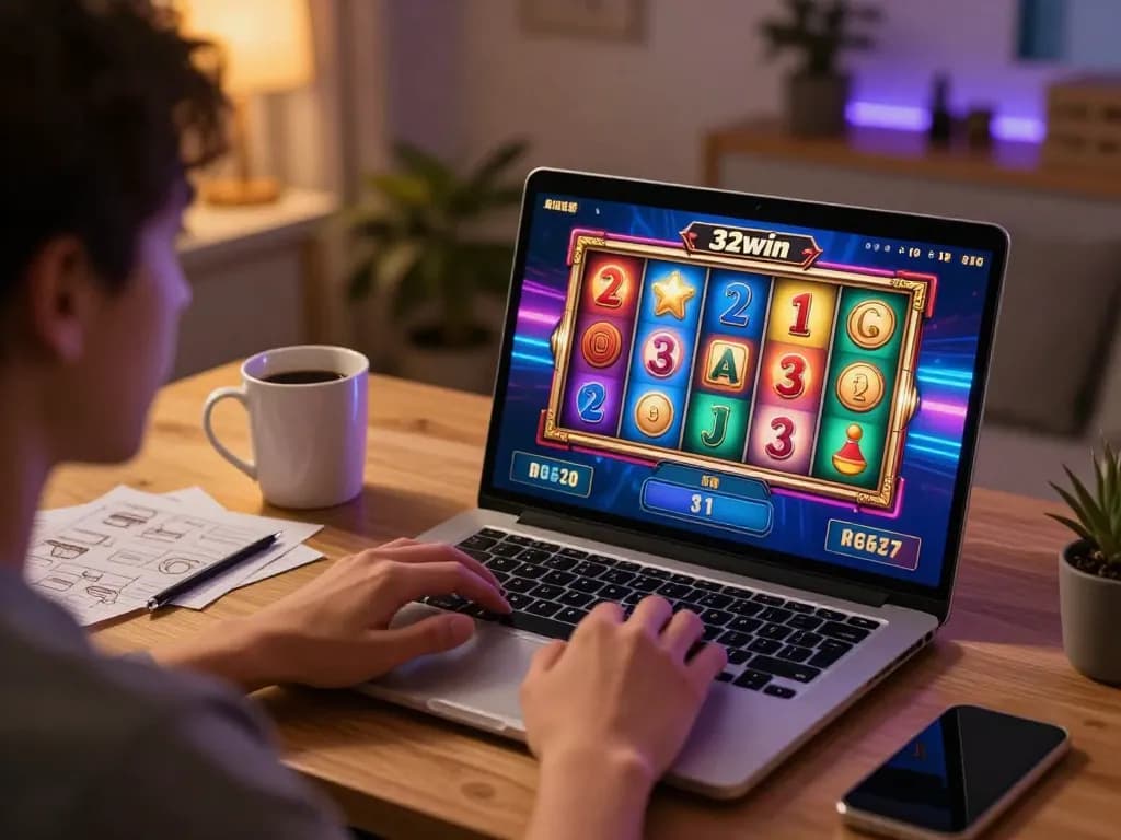Player enjoying 32win online slots at home with engaging screen action and cozy setup