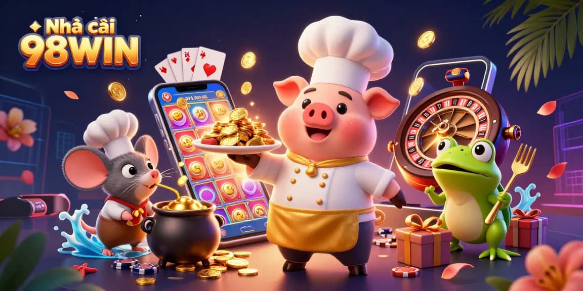 Visualize the excitement of Nhà cái 98WIN with a chef pig and animated casino characters amidst vibrant gaming elements.