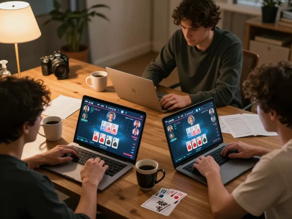 Engaging online poker gameplay on megaplus88, laptops and strategies creating a cozy atmosphere.