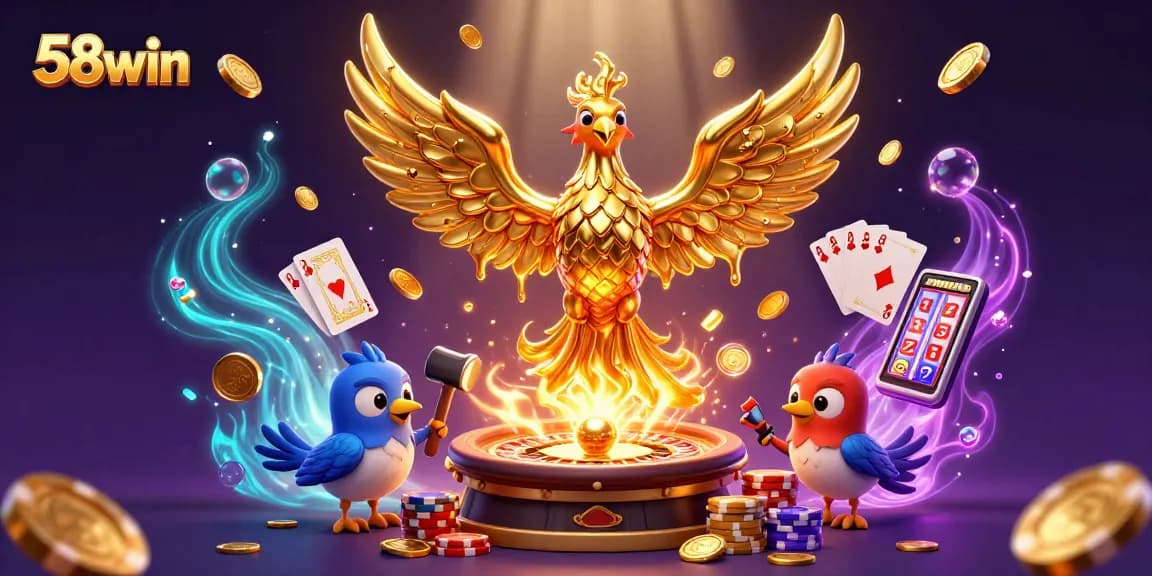 Experience the thrilling casino world at 58win with a captivating 3D illustration featuring molten gold elements and dynamic game symbols.