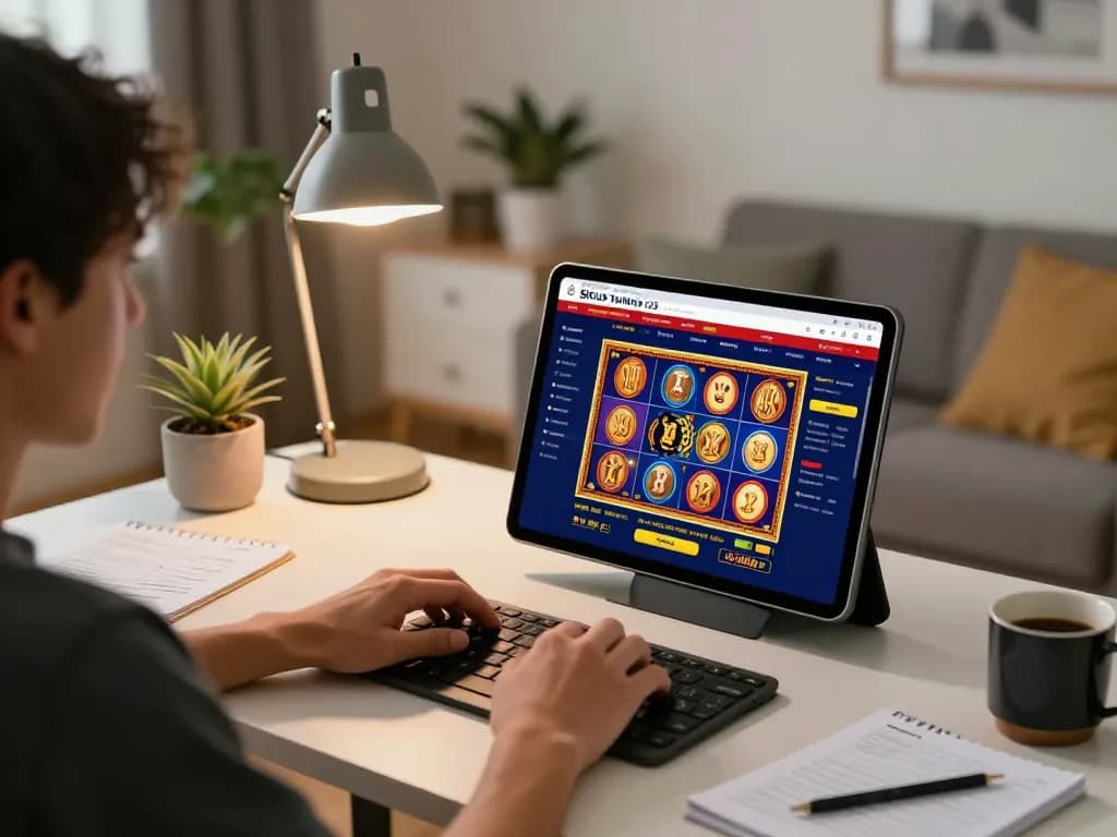 Situs Tempo123 online casino interface on tablet, showcasing slot game action in a cozy home setup