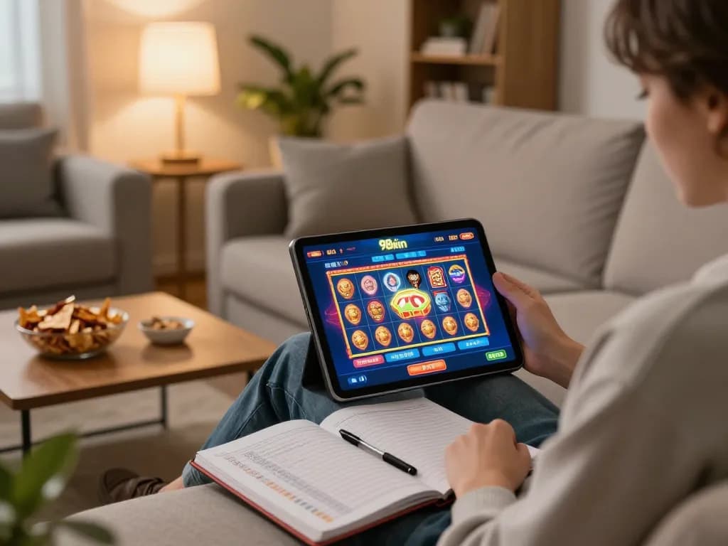 Players enjoying 98win online casino on a tablet in a cozy home setting with snacks and strategy notes