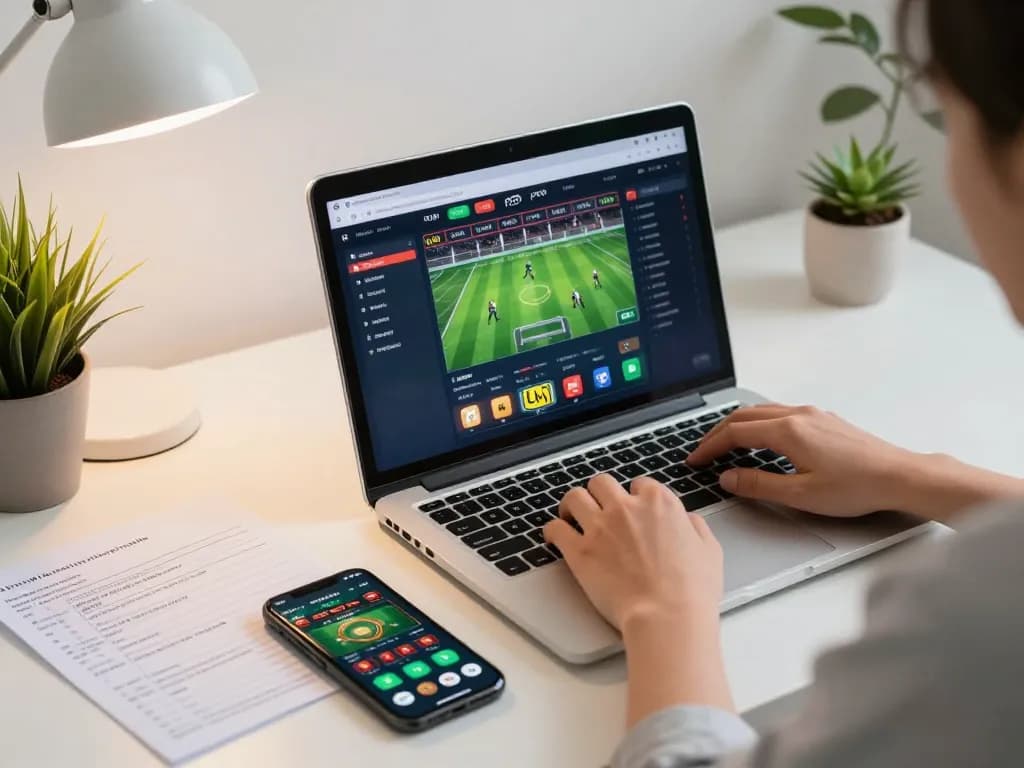 Engaging in sports betting through tai kp88 on a laptop in a modern home office setting