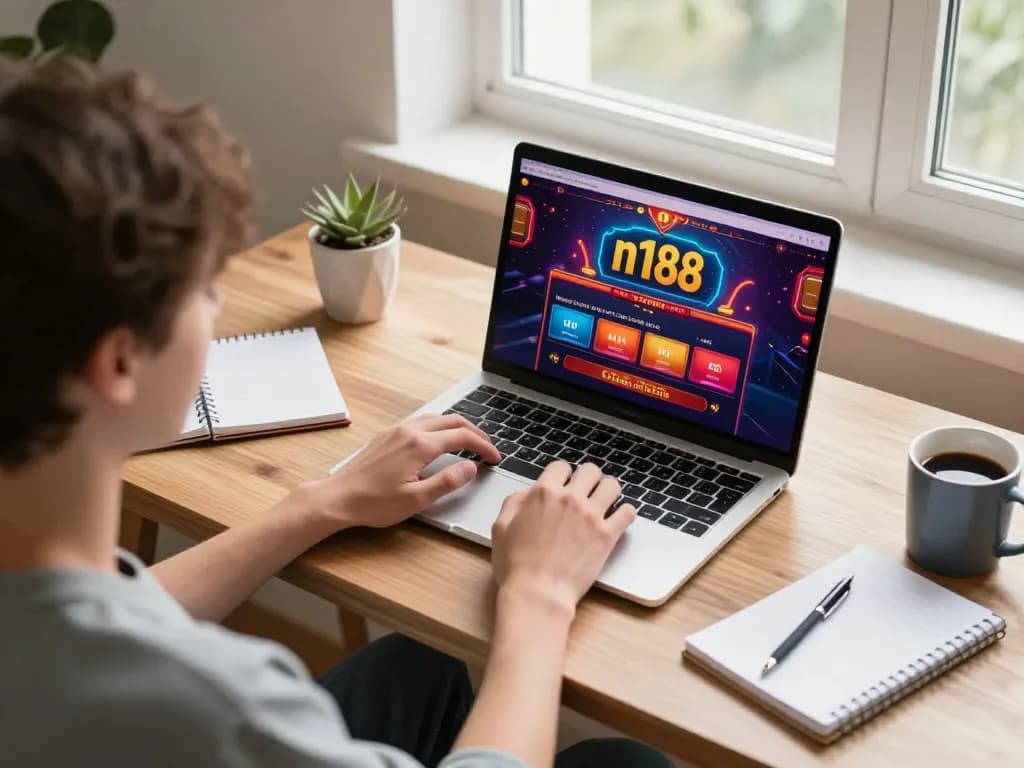 Player engaging with n188 online casino on a laptop, showcasing vibrant gaming interface and strategic notes.