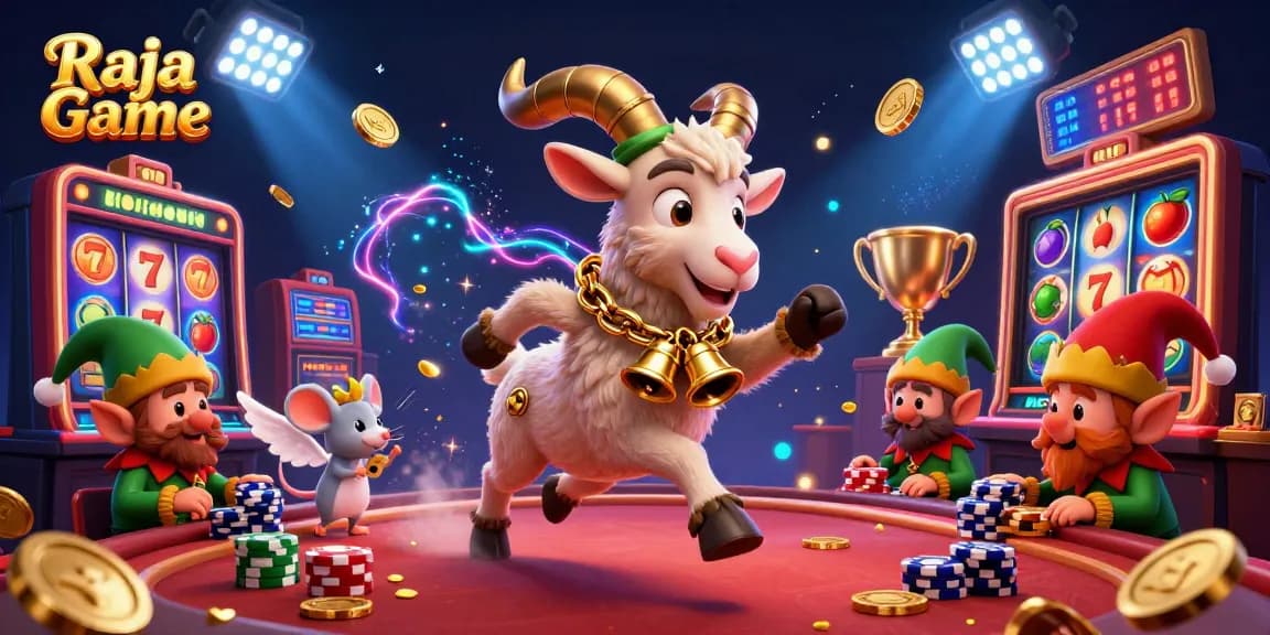 Raja Game immersive casino scene with cartoon characters and slot elements for dynamic gameplay.