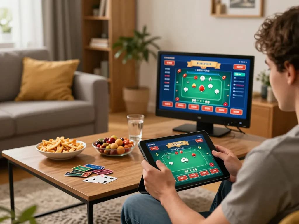 Engaging in credit card casinos from the comfort of home with a tablet, showcasing online gameplay.
