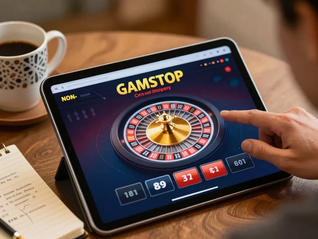 Playing at a non Gamstop online casino while checking strategy notes and enjoying coffee.