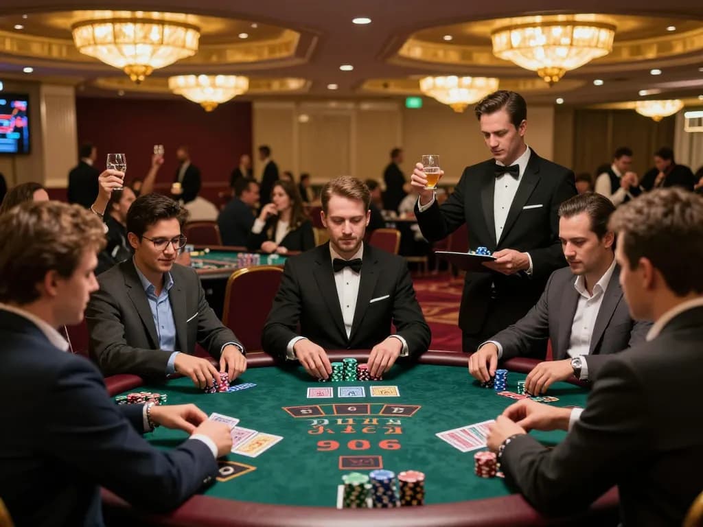 Players engage in strategic blackjack gameplay at SC88's high-stakes casino tables, showcasing vibrant atmosphere and excitement.