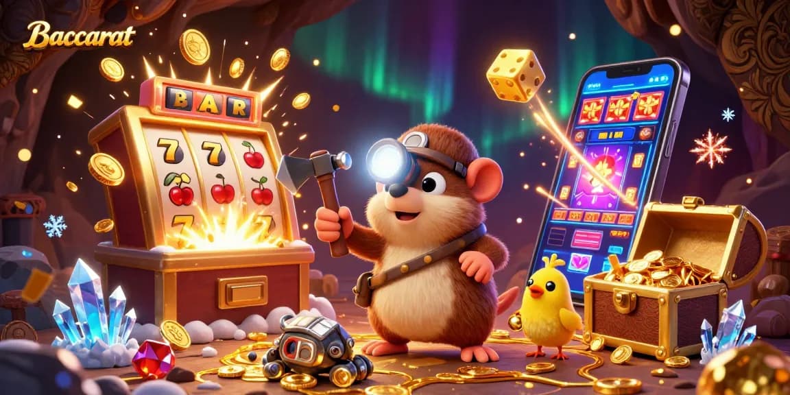Baccarat game scene with a cartoon mole treasure hunter and canary companion celebrating a jackpot in a vibrant casino