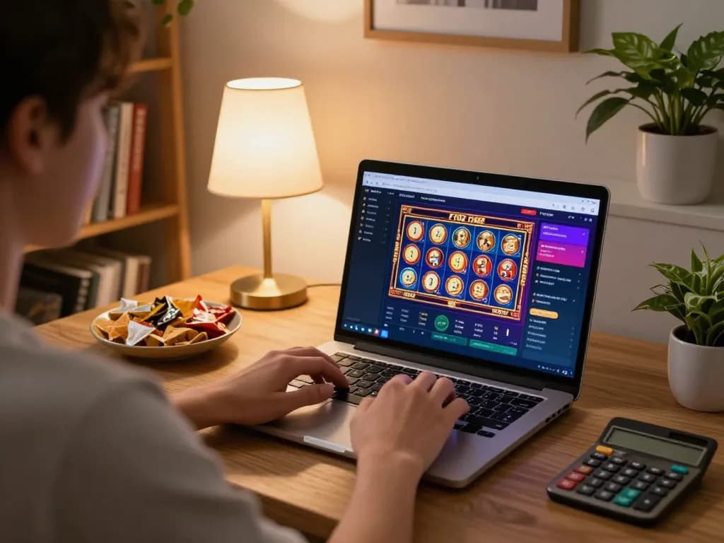 Engaged player experiencing F168 casino games on laptop with strategic notes nearby