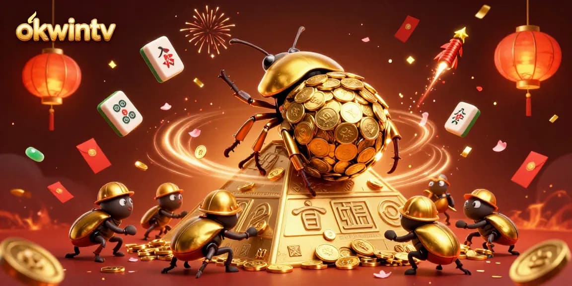 Experience dynamic sports betting with okwintv's golden beetles rolling coins in a vivid casino landscape.