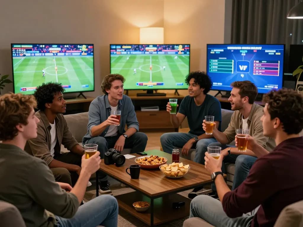 Excited players engaging in sports betting with LV88, enjoying snacks and drinks in a cozy living room.
