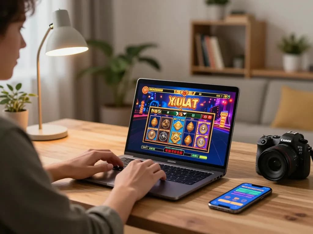 Engaged player enjoying online slots on ck444s platform during cozy home gaming session