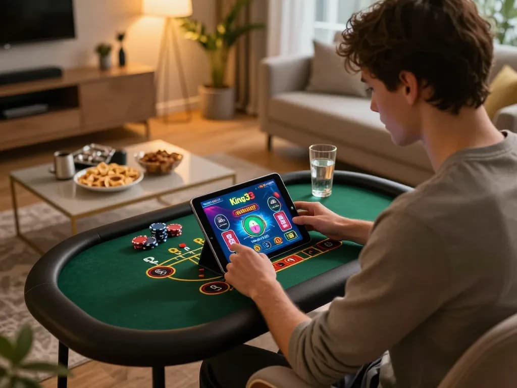 Engaged player enjoying King33 online casino games at home in a cozy living room setting.