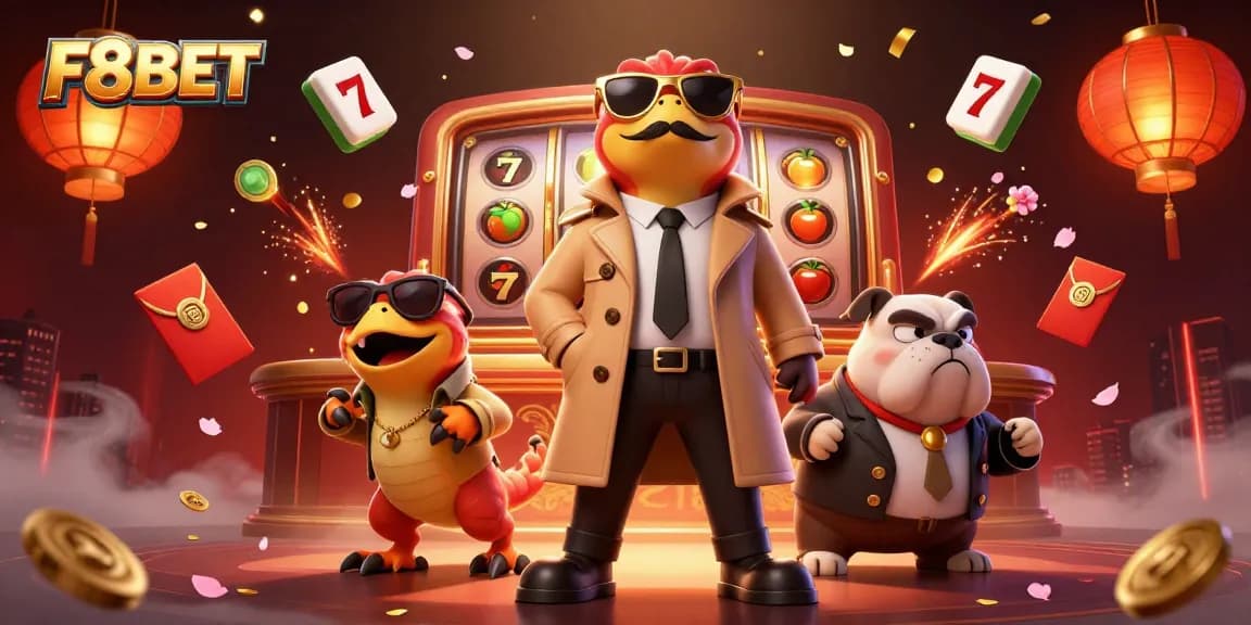 Engaging scene of F8BET where cartoon raptors attempt entry to a VIP casino lounge amidst vibrant gaming elements and festive decor.