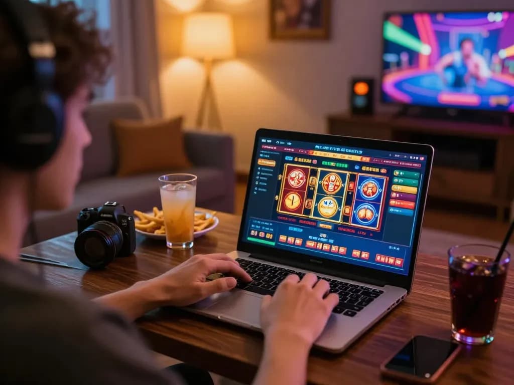 Jun88 user engaging in exciting online casino gaming with vibrant interface displayed on laptop.