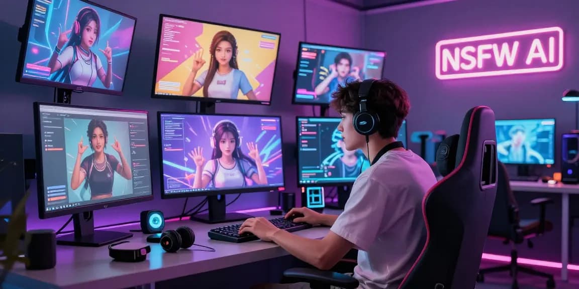 User interacting with nsfw AI characters in a vibrant digital workspace with futuristic lighting and multiple screens.