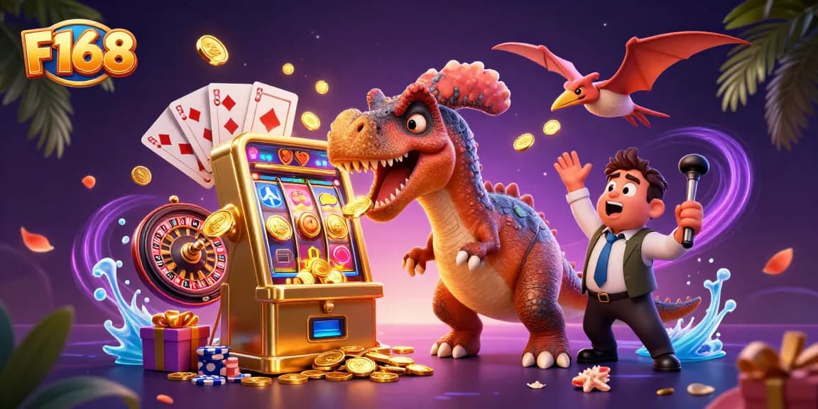 F168 features a pachycephalosaurus hitting a slot machine, winning coins as excitement unfolds in a vibrant casino setting.