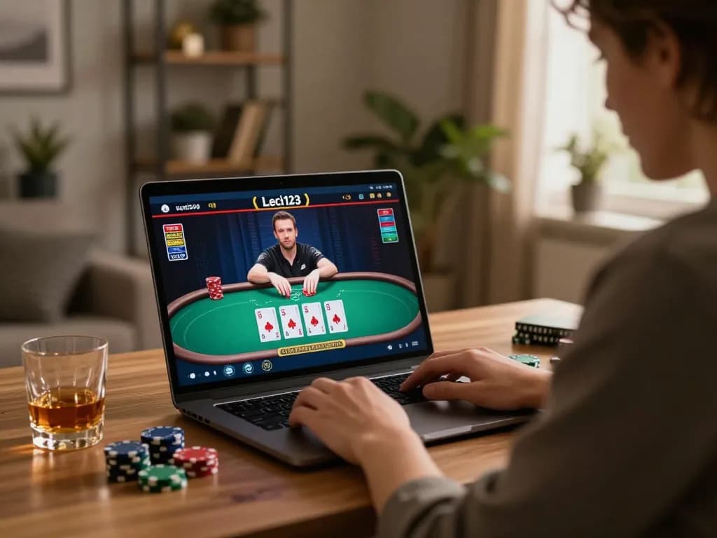Leci123 platform in action with a player engaged in a crucial poker game at home.