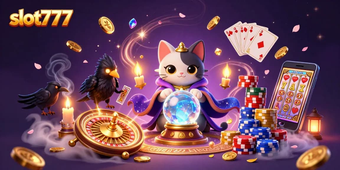 Experience the magic of slot777 with a mystical cat, raven, and shimmering gold!