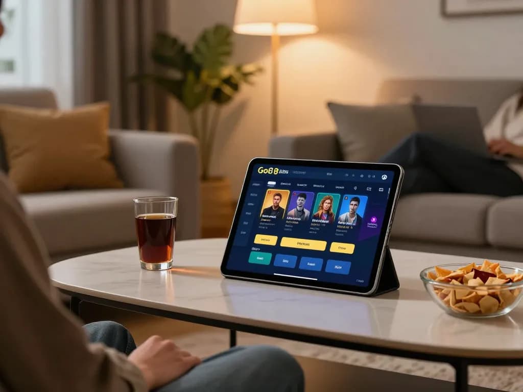 Engaging in online gaming at trang chủ go8, showcasing a dynamic tablet interface and cozy home setting.