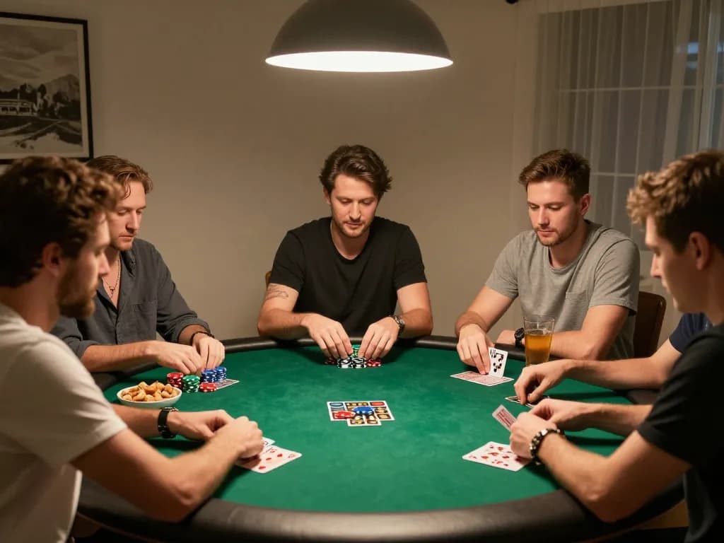 Friends playing poker at home, showcasing strategic gameplay and social interaction with uu88 branding influential in their gaming experience