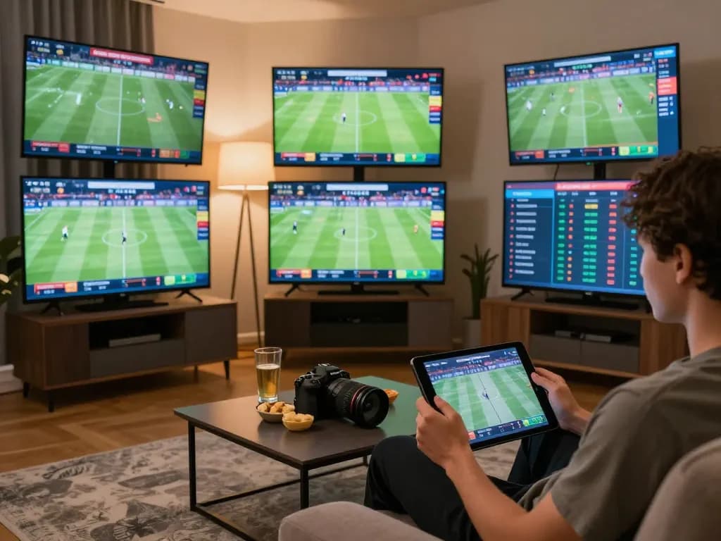 Player engaging in online sports betting, checking odds for steaks n lobsters matches in a cozy setting.