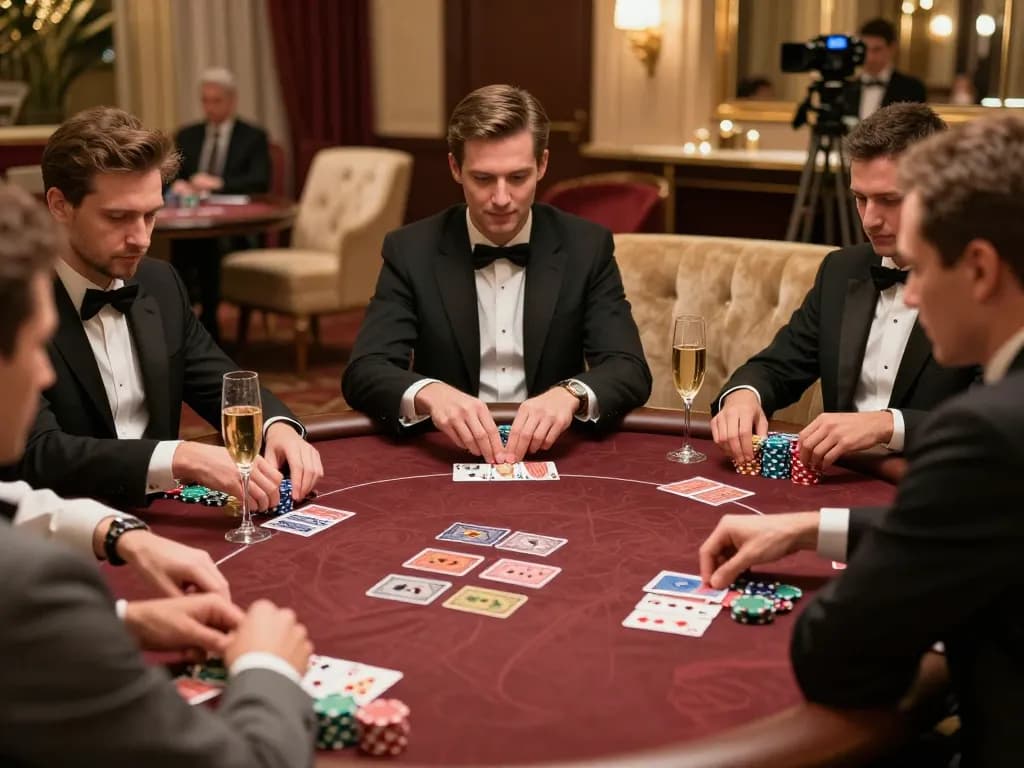 VIPwin players engaged in high-stakes poker strategy amidst luxury decor.