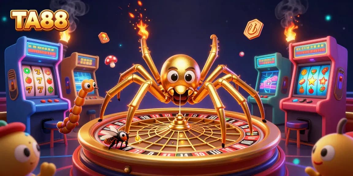 Experience thrilling gameplay in TA88 with a roulette wheel web, vibrant game elements, and engaging characters.