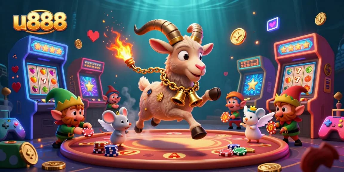 u888 casino scene with Krampus goat, angel mouse, and gremlins in action, stealing poker chips.