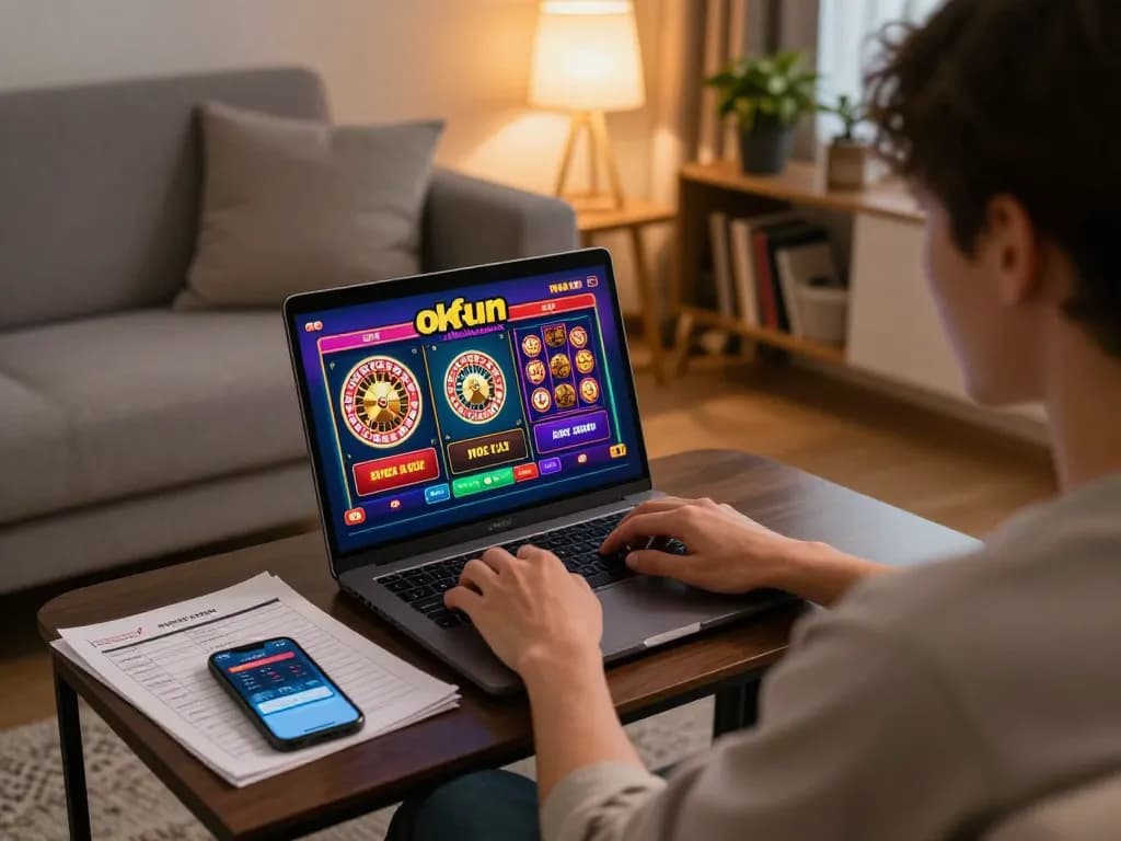 Engaging online gaming session with okfun on laptop at home, showcasing strategic gameplay.