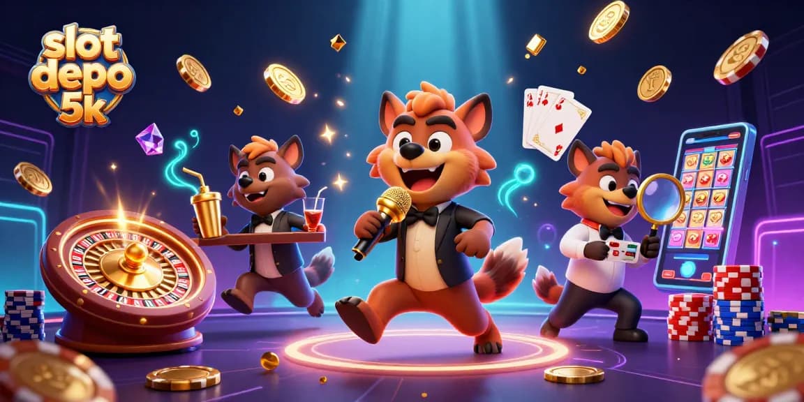 Spin the reels with slot depo 5k while enjoying a vibrant casino scene featuring animated hyenas.