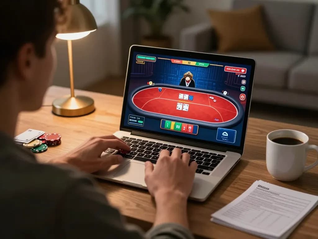 Player immerses in sc88e poker game session on laptop, showcasing responsible online gaming.