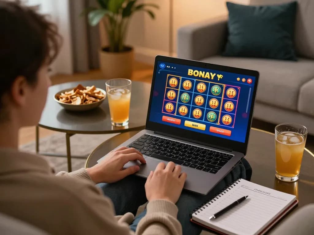 Engaging in bonus buy slots UK gaming on a laptop in a cozy home setting.