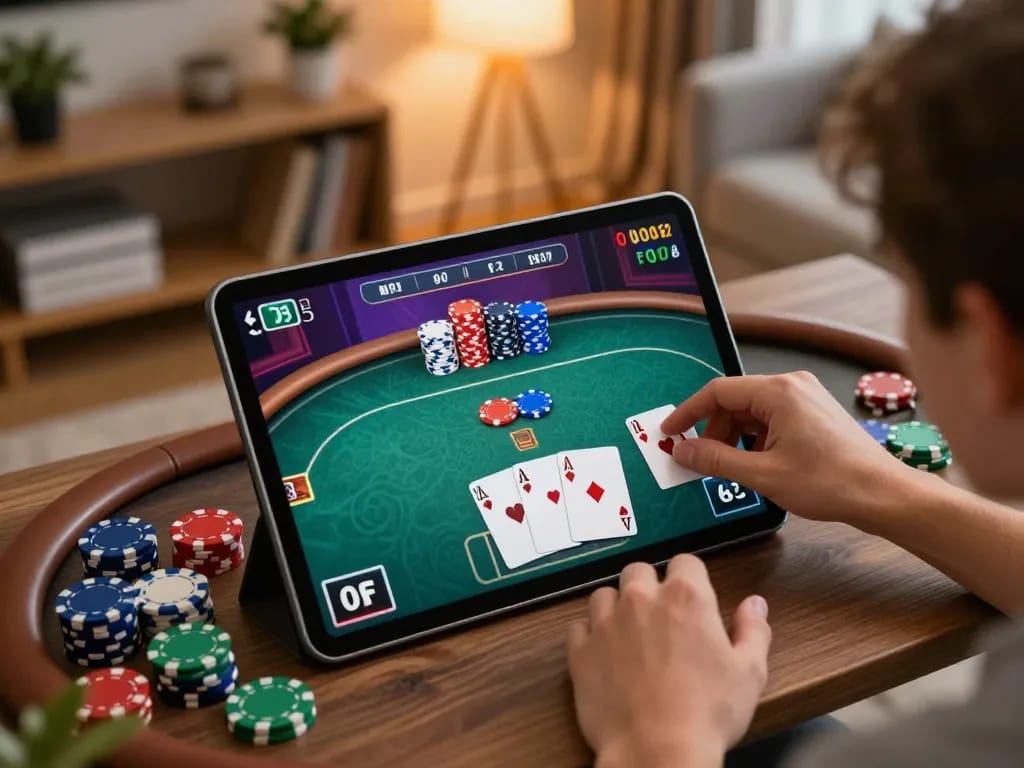 Player strategizing in online poker game with open888 app on tablet in cozy living room.